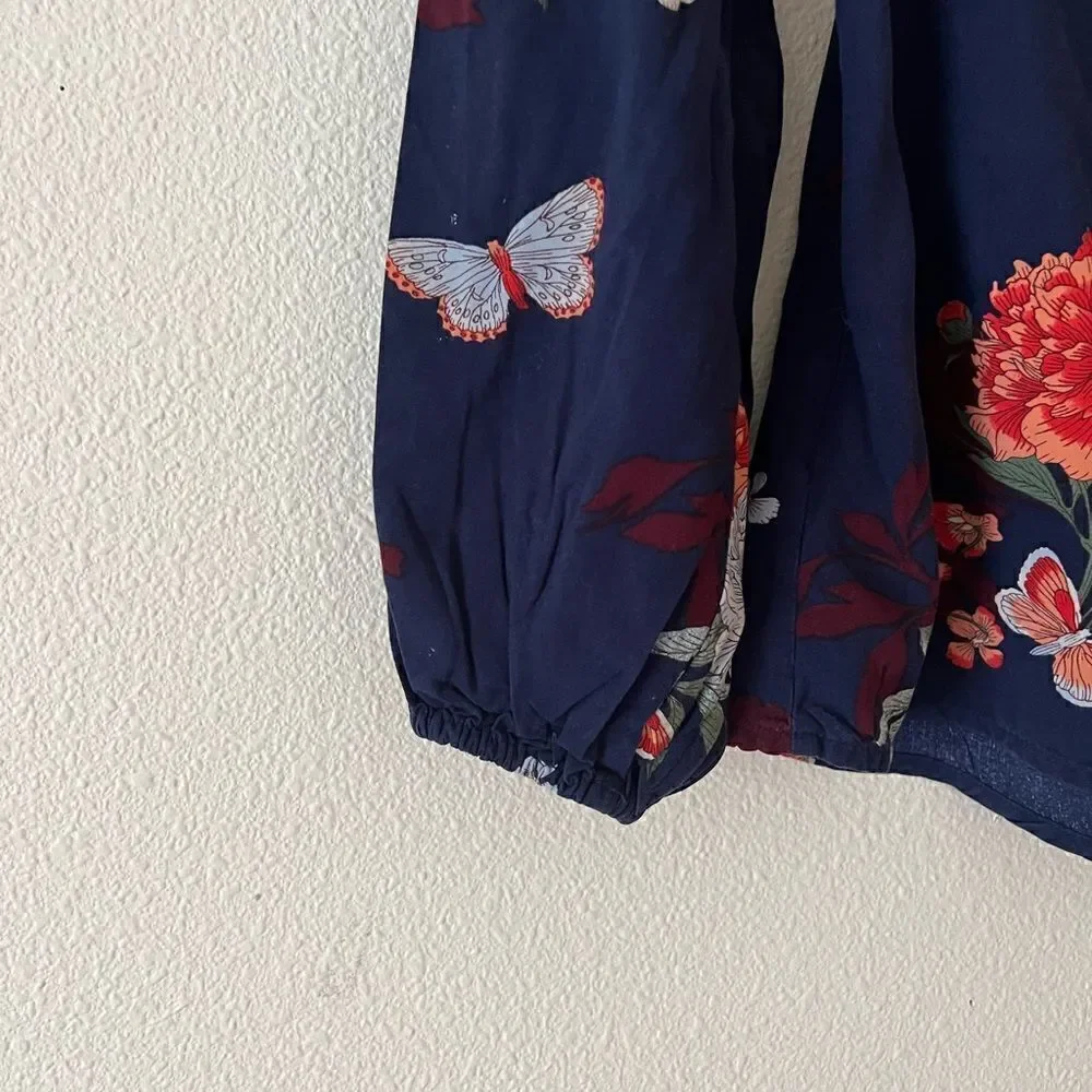 Gap Kids Girls Navy Boho Floral Blouse Balloon Sleeve Round Neck size S(6-7)